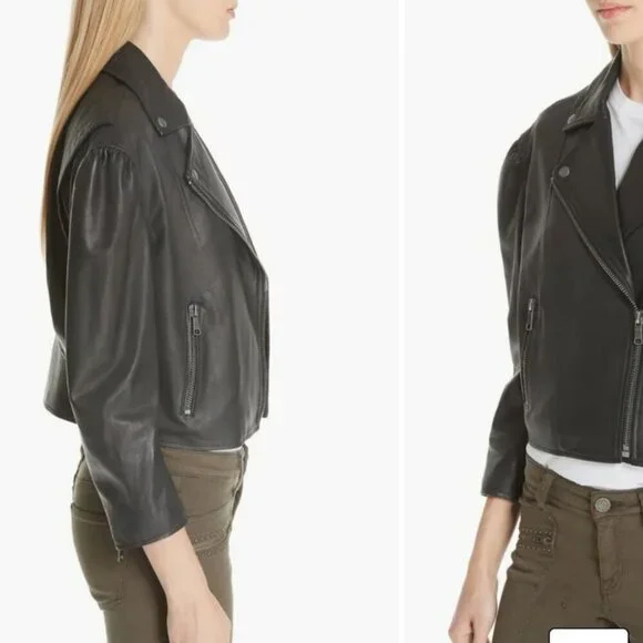NWT Joie Black Leather Moto Jacket Lambskin Cropped Puff 3/4 Sleeve Biker Jacket - Picture 4 of 16